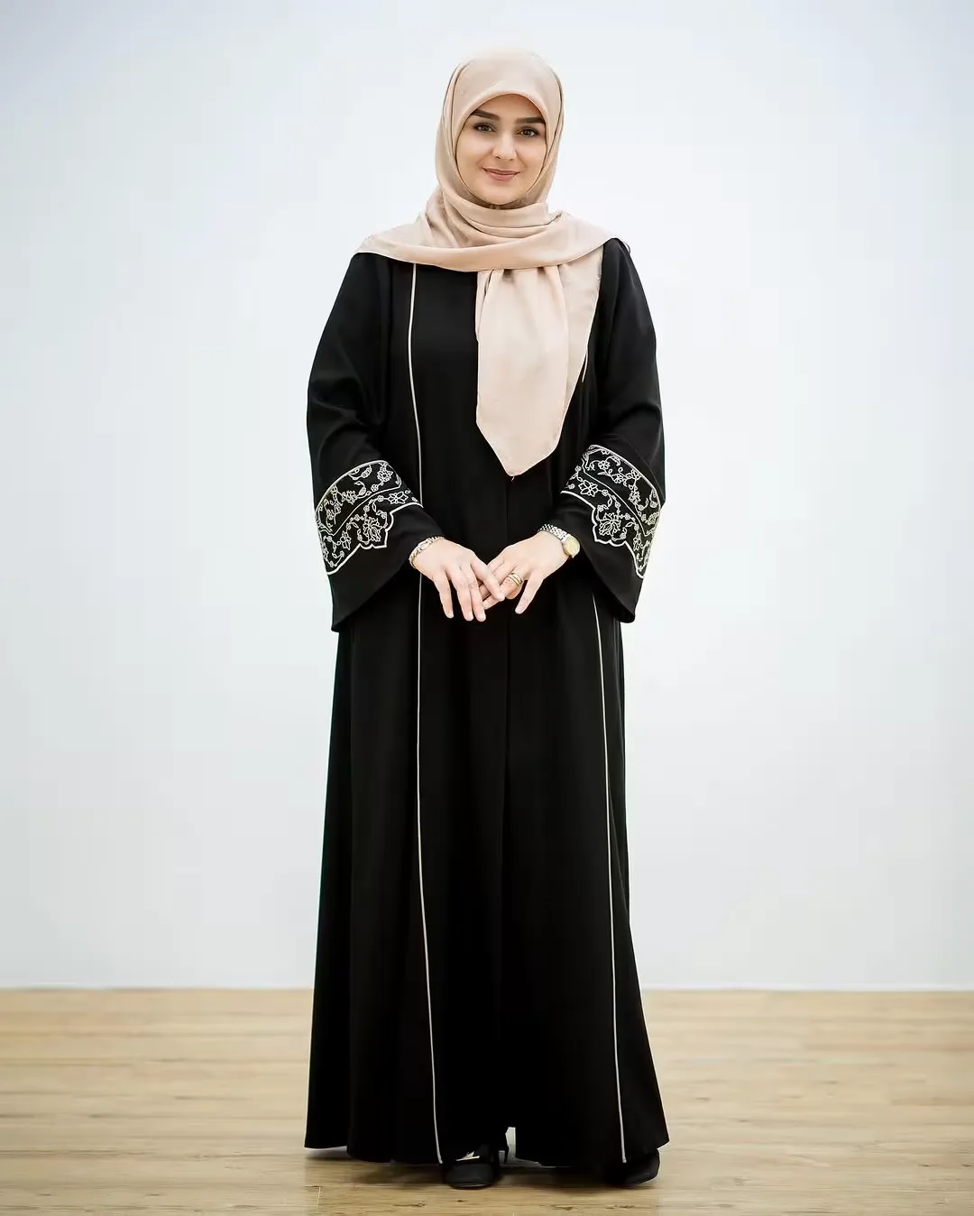 Elegant Black Front-Open Abaya with Off-White Floral Sleeve Motifs